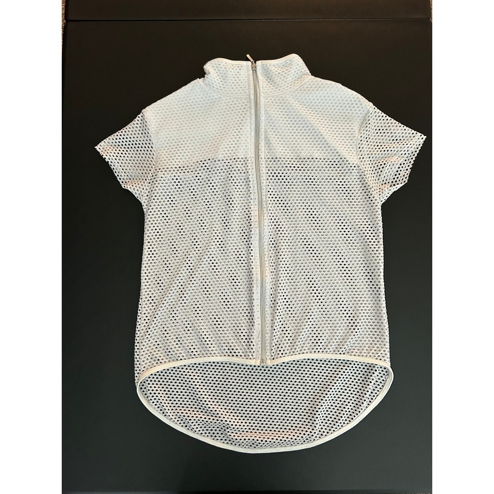 White Mesh Short Sleeve Full Zip Mock Neck High Low Top Size P (1226)
